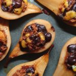 Sherry-baked pears stuffed with chocolate and marzipan